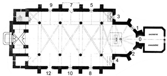 Plan de l'église et repérage des vitraux.