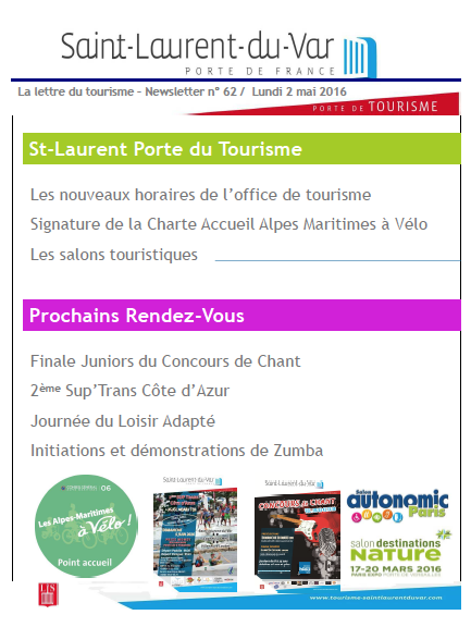 Saint-Laurent-du-Var - La lettre du tourisme – Newsletter n° 62/ Lundi 2 mai 2016