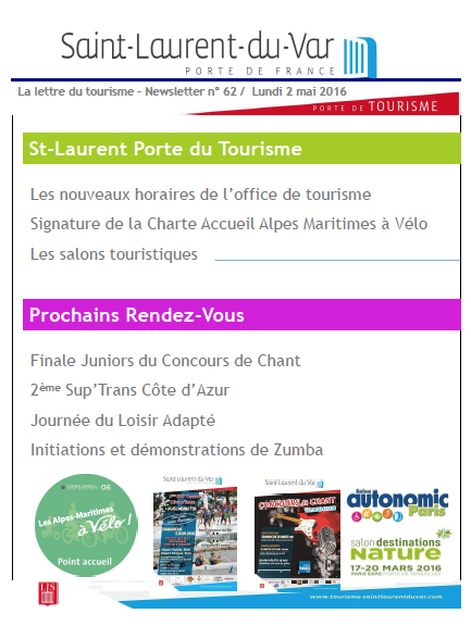 Saint-Laurent-du-Var - La lettre du tourisme – Newsletter n° 62/ Lundi 2 mai 2016 Saint-Laurent-du-Var - La lettre du tourisme – Newsletter n° 62/ Lundi 2 mai 2016